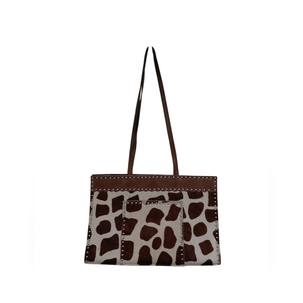 👜Giraffe-Print Studded Tote in Brown and Cream